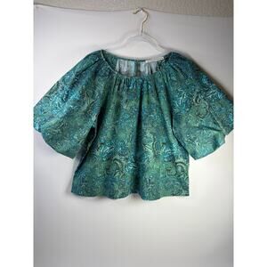 Peruvian Connection Al Fresco Balloon Sleeve Top Paisley Green Blue Size Large